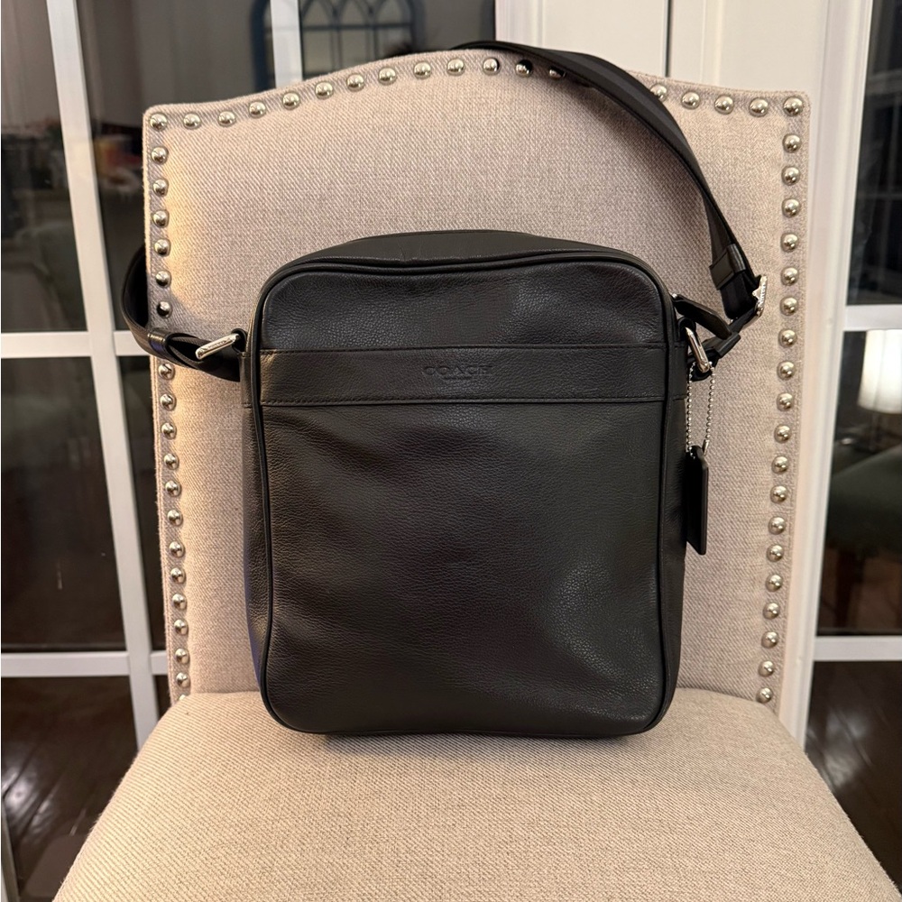 Coach “Charles Flight Bag” Leather Crossbody in Black with Silver-Toned Hardware